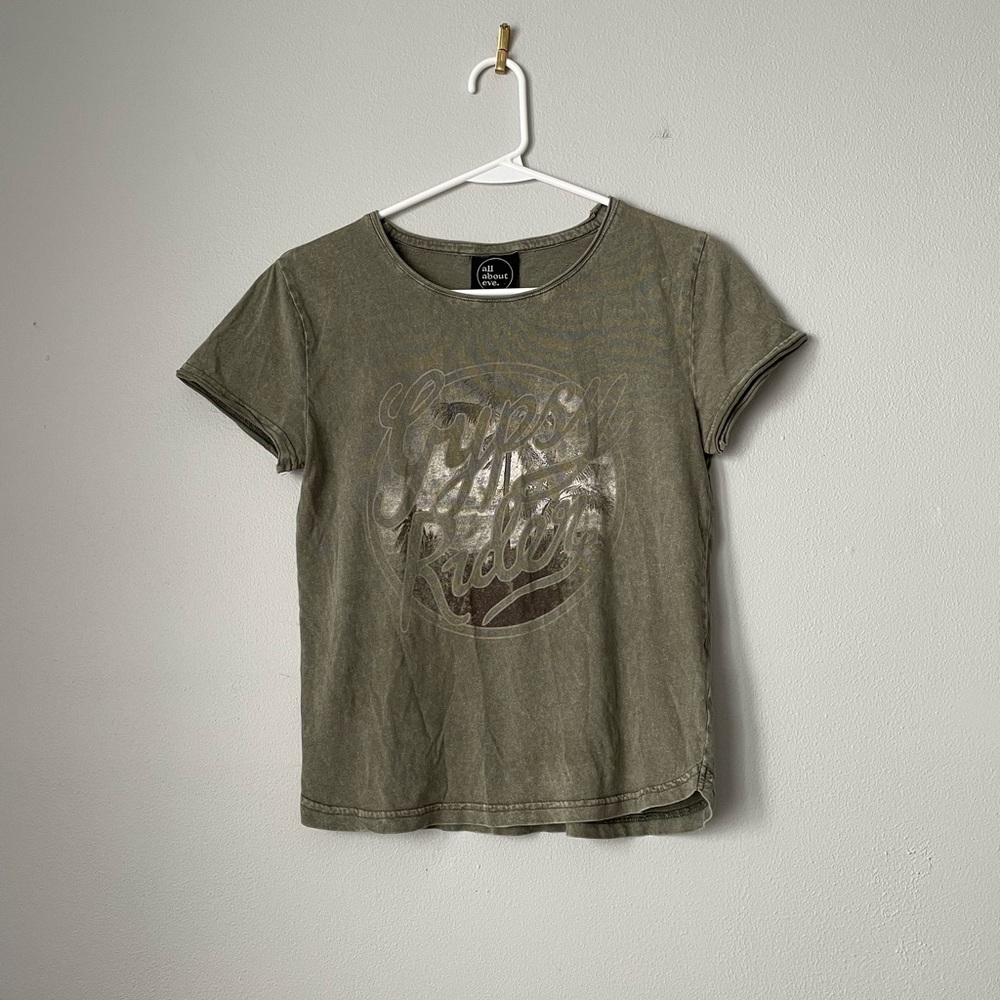 All About Eve Women’s Muted Olive Short Sleeve “Gypsy Rider” Graphic Tee 2